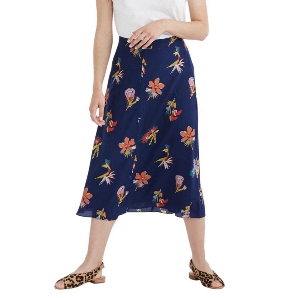 Madewell Women's 4 Atrium Silk Midi Skirt Bird of Paradise‎ Floral Navy A-Line